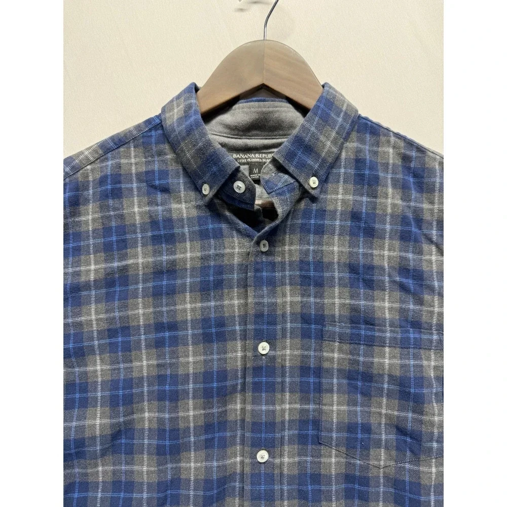 Banana Republic Luxe Flannel Slim Fit‎ Shirt Mens M Blue Gray Plaid Button Down